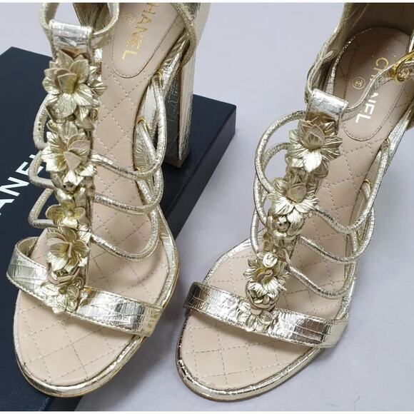 Chanel Gold Leather Camellia Ankle Strap Sandals - Size 40 - Picture 1 of 12